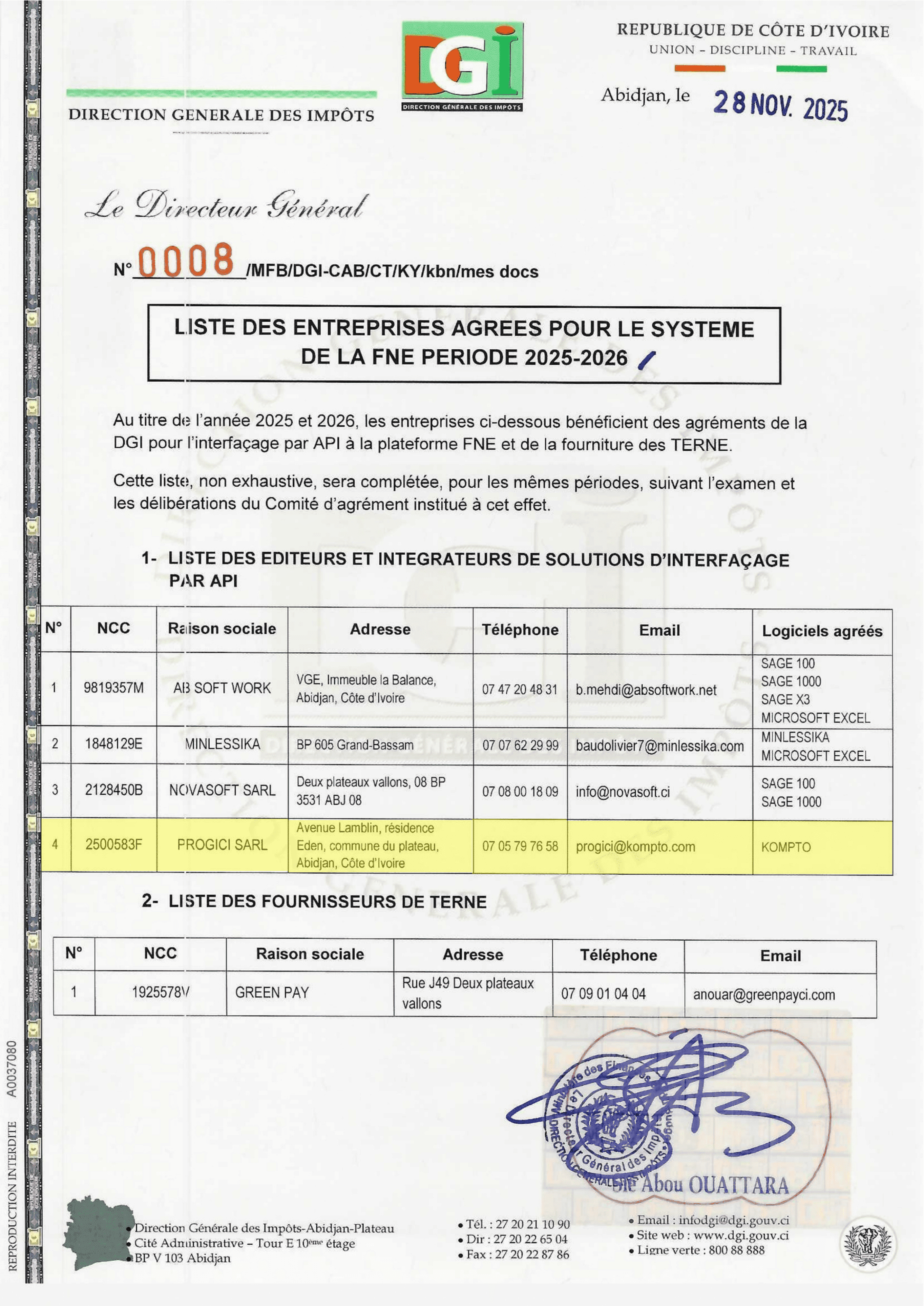 Document officiel d'agrément DGI – KOMPTO, premier logiciel FNE certifié en Côte d'Ivoire